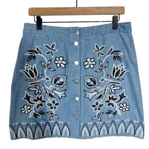 Beau Tissu Chambray Cotton Floral Embroidered Mini Pencil Button Up Skirt Size L